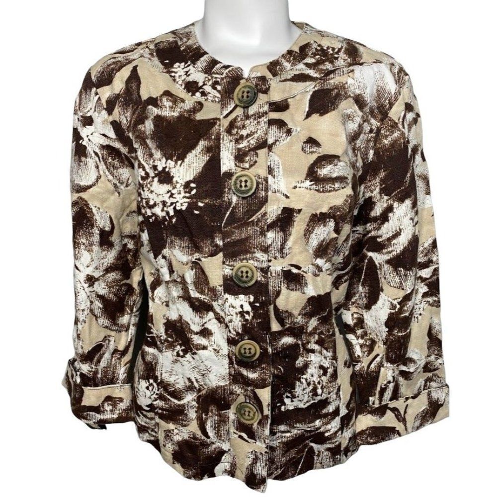 Colwater Creek Jacket Women's‎ 12 Brown Beige White Floral Button Front Light